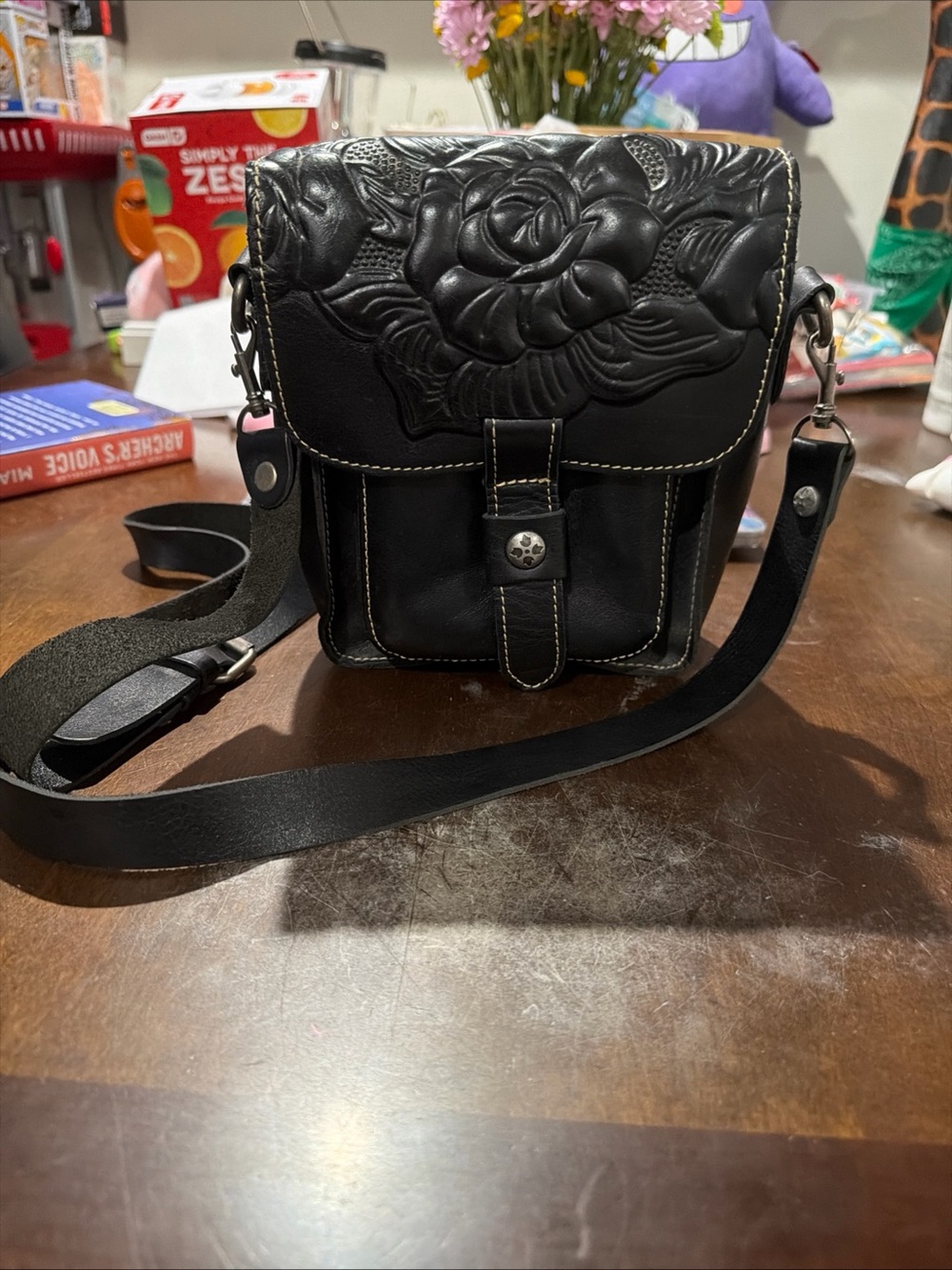 Patricia Nash Black Embossed Floral Leather Crossbody Bag
